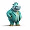 Friendly Anthropomorphic Hippo Figure In Stylish Green Turquoise Suit