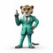 Friendly Anthropomorphic Jaguar In Green Turquoise Suit, Hyperrealistic Cartoon Character