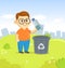 Friendly boy in big eyeglasses throwing plastic bottle in recycle bin on city and blue sky background. Vector cartoon