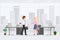 Friendly boy and girl hands shaking meeting appointment vector. Two partners negotiate deal at office interior cartoon character