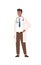 Friendly cartoon black male doctor in white coat standing isolated on white background. Positive man professional