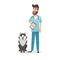 Friendly cartoon veterinarian character. Happy vet doctor with a folder and a stethoscope stands near the dog husky. A