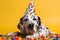 Friendly and cute Dalmatian wearing a birthday party hat in studio, on a vibrant, colorful background. Generative AI