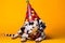 Friendly and cute Dalmatian wearing a birthday party hat in studio, on a vibrant, colorful background. Generative AI