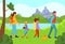 Friendly family outdoor hobby hiking time spend, people character together forest landscape stroll flat vector