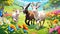 Friendly farm goat comic strip running playing flowers country blossoms