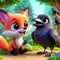 A friendly fox and a talkative bird in a cheerful forest.