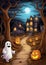 A friendly ghost helping lost trick or treaters find their way home halloween frame border