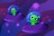 Friendly green aliens fly in flying saucers in purple outer space. The inhabitants of unknown planets smile.