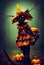 Friendly halloween scarecrow bringing you jack-o lanterns