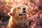 Friendly happy dog playing in a blossoming pink cherry tree garden on spring day. Walking a dog outdoors