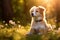 Friendly happy dog sitting in a blossoming flower meadow on sunny summer day