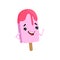 Friendly humanized ice-cream waving hand. Cartoon character of frozen dessert with pink glaze on wooden stick. Sweet