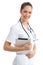 Friendly intern student nurse posing standing holding a tablet