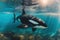 Friendly Killer Whale in Underwater Viewing Tank