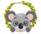 Friendly koala peeking out of round leaves frame