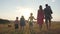 A friendly large family walks across the field at sunset.