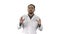 Friendly male medicine therapeutist doctor walking and talking looking in camera on white background.