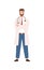 Friendly male physician wearing stethoscope posing vector flat illustration. Positive doctor in white coat standing with