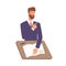 Friendly male in suit sitting at table during job interview vector flat illustration. Smiling bearded man writing test