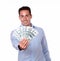 Friendly man standing and holding dollars