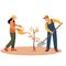 A friendly man and woman plant and water a tree. Gardener with a watering can