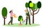 A friendly man and woman plant and water a tree. Gardener with a watering can