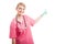 Friendly medical nurse lady smiling pointing copyspace