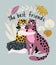 Friendly poster design with leopard and girl. hugs and love. Wild animal print design.