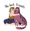 Friendly poster design with leopard and girl. hugs and love. Wild animal print design on the white background.