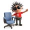 Friendly punk rocker with spikey hair has a vacant office chair, 3d illustration