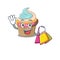 A friendly rich rainbow cupcake waving and holding Shopping bag