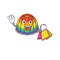 A friendly rich rainbow jelly waving and holding Shopping bag