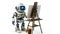 Friendly robot artist in the studio next to his easel, painting and paints while working on white background, neural network ai