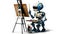 Friendly robot artist in the studio next to his easel, painting and paints while working on white background, neural network ai