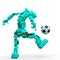 Friendly robot is playing football in white background rear view