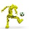 Friendly robot is playing football in white background rear view