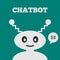 Friendly robot with a smiling face. Icon speech bubble with message. Text Chatbot.