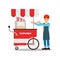 Friendly seller standing near mobile popcorn cart. Street food trolley. Young smiling man in cap and apron. Flat vector