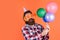 Friendly service. cheerful man with beard and moustache. hipster smiling with balloon. Celebrating happy party. Party