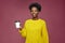 Friendly smiling african american woman hold takeaway coffee cup recommend coffee shop, enjoy hot drink from cafe