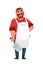 Friendly smiling butcher man standing on white