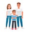 Friendly strong happy family with one child. Mom, Dad and son. Beautiful and smiling cell of society. Vector illustration