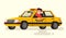 Friendly taxi driver at the wheel of the car. Vector illustration