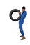 Friendly technician lifting tyre