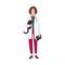 Friendly veterinary physician, veterinarian or vet wearing white coat and holding cat. Cheerful female cartoon character