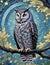 A friendly and wise owl in a breathtaking forest, with glow in the dark, perched on branch, leaves, stars, Van Gogh painting art