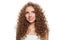 Friendly young healthy lady looking up portrait. Perfect woman with long frizzy hairstyle, natural makeup and fresh skin