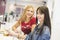 Friends in bar, two girls drinking in restaurant