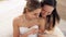 Friends, bride and bridesmaid smartphone selfie smile together for fun wedding photograph memory. Happy, joyful and cute